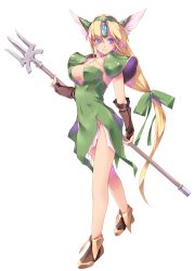 Rule 34 | 1girl, armor, blonde hair, blue eyes, bow, breasts, bridal gauntlets, brown sleeves, cleavage, closed mouth, collarbone, covered navel, detached sleeves, dress, floating hair, full body, green bow, green dress, hair between eyes, hair bow, hair intakes, highres, holding, holding weapon, jewelry, kirishima satoshi, long hair, looking at viewer, low-tied long hair, medium breasts, necklace, pauldrons, polearm, riesz, seiken densetsu, seiken densetsu 3, short dress, shoulder armor, side slit, simple background, sleeveless, sleeveless dress, smile, solo, standing, strapless, strapless dress, trident, very long hair, weapon, white background