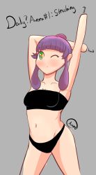 Rule 34 | 1girl, ;o, armpits, arms up, artist name, aurora (character), black panties, black sports bra, blunt bangs, blush, breasts, cleavage, closed mouth, collarbone, contrapposto, cowboy shot, english text, female focus, grey background, groin, hair bun, highres, leaning back, looking ahead, medium hair, navel, one eye closed, original, panties, purple hair, sidelocks, signature, simple background, single hair bun, sketch, small breasts, solo, sports bra, standing, stomach, stretching, theartistaurora, thighs, underwear, underwear only, wink