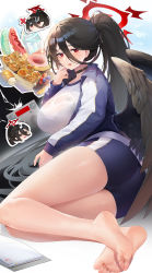 Rule 34 | 1girl, ass, barefoot, black choker, black hair, black wings, blue archive, breasts, choker, commentary request, doughnut, feathered wings, feet, food, hair between eyes, halo, hasumi (blue archive), hasumi (track) (blue archive), highres, hot dog, jacket, large breasts, long hair, looking at viewer, manic shd, official alternate costume, open clothes, open jacket, parted lips, ponytail, red eyes, see-through, shirt, short shorts, shorts, sitting, soles, solo, sweatdrop, thighs, toes, track jacket, very long hair, white shirt, wings