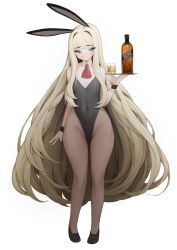 Rule 34 | 1girl, absurdres, alcohol, animal ears, bare shoulders, black pantyhose, blonde hair, blue eyes, blush, bottle, covered navel, cup, detached collar, drinking glass, flat chest, full body, highres, leotard, long hair, mole, mole under eye, original, pantyhose, playboy bunny, rabbit (wlsdnjs950), rabbit ears, simple background, solo, tray, very long hair, whiskey, white background