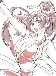 Rule 34 | 1girl, breasts, brown eyes, brown hair, fatal fury, high ponytail, highres, looking at viewer, ninja, open mouth, revealing clothes, shiranui mai, smile, solo, the king of fighters, white background, yanada kiyorin