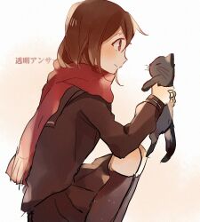 Rule 34 | 1girl, animal, black cat, black sailor collar, black serafuku, black shirt, black skirt, black socks, brown hair, cat, closed eyes, closed mouth, commentary, derivative work, enpera, feet out of frame, from side, gradient background, holding, holding animal, holding cat, kagerou project, kneehighs, long hair, long sleeves, looking at animal, otorigg, pink background, pleated skirt, red scarf, sailor collar, scarf, school uniform, serafuku, shirt, skirt, smile, socks, solo, song name, tateyama ayano, toumei answer (vocaloid), white background