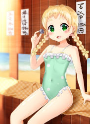 Rule 34 | 1girl, absurdres, blonde hair, blush, braid, breasts, collarbone, covered navel, female focus, frilled swimsuit, frills, green eyes, green one-piece swimsuit, highres, inose mai, koisuru asteroid, looking at viewer, one-piece swimsuit, open mouth, shiny skin, small breasts, smile, solo, swimsuit, twin braids, twintails