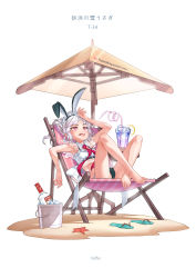 Rule 34 | 1girl, absurdres, alcohol, alternate costume, animal ears, armpits, ash arms, bad id, bad pixiv id, bikini, bucket, character name, cup, deck chair, detached collar, drinking glass, drinking straw, fake animal ears, food, fruit, full body, glass bottle, highres, ice, ice cube, lemon, lemon slice, liquor, maid, maid bikini, maid headdress, necktie, parasol, rabbit ears, red eyes, red necktie, sand, sandals, unworn sandals, short hair, silver hair, simple background, sitting, solo, swimsuit, tongue, tongue out, umbrella, unconventional maid, vodka, white background