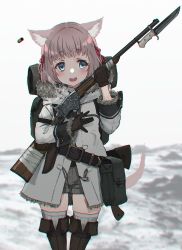 Rule 34 | 1girl, absurdres, animal ears, antique firearm, axe, backpack, bag, bayonet, belt, blue eyes, blurry, blurry background, boots, chromatic aberration, commentary, firearm, fur trim, gloves, gun, hatchet, hatchet (axe), highres, holding, holding gun, holding weapon, jacket, oota youjo, original, pouch, rifle, shell casing, short hair, short shorts, shorts, snow, solo, spencer rifle, thigh boots, thighhighs, weapon, zettai ryouiki