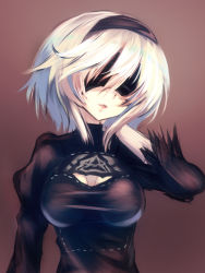 Rule 34 | 1girl, blindfold, blonde hair, breasts, brown background, cleavage, cleavage cutout, clothing cutout, hand on own neck, headband, medium breasts, nier (series), nier:automata, okusan4645, short hair, sketch, solo, upper body, 2b (nier:automata)
