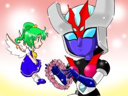 Rule 34 | 1girl, ascot, cherry blossoms, chibi, crossover, daiyousei, dress, floating, gem, gradient background, green eyes, green hair, hair ribbon, light particles, mazinger (series), mazinger z, mecha, minerva x, nmyaa, open mouth, ribbon, robot, short hair, side ponytail, socks, touhou, v arms, wings, wreath
