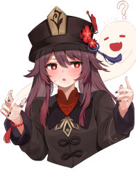 Rule 34 | 1girl, ?, absurdres, bead bracelet, beads, black hat, black nails, blush, bracelet, breasts, brooch, brown hair, coat, collared coat, colored tips, commentary request, flower, flower-shaped pupils, genshin impact, ghost, hair between eyes, hat, hat flower, hat ornament, highres, hu tao (genshin impact), jewelry, long hair, long sleeves, multicolored hair, nail polish, notice lines, open mouth, plum blossoms, porkpie hat, racchi., red eyes, red flower, red hair, red shirt, ring, shirt, simple background, solo, sweatdrop, symbol-shaped pupils, talisman, tassel, twintails, very long hair, white background