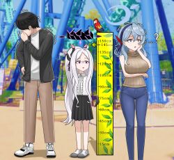 Rule 34 | 1boy, 2girls, absurdres, ahoge, ako (blue archive), alternate costume, amusement park, bird, black hair, black jacket, black skirt, blue archive, blue eyes, blue hair, blue pants, blunt bangs, blurry, breast hold, breasts, brown pants, casual, commentary request, covered horns, demon girl, demon horns, demon wings, denim, depth of field, earrings, faceless, faceless male, flat chest, forehead, full body, hair ribbon, hairband, halo, hand on own cheek, hand on own face, height chart, height difference, highres, hina (blue archive), horns, jacket, jewelry, large breasts, littlefunny, long hair, long sleeves, looking at viewer, multiple girls, open clothes, open jacket, outdoors, pants, parted lips, pleated skirt, ponytail, purple eyes, ribbed sweater, ribbon, roller coaster, sensei (blue archive), shirt, shoes, sidelocks, skirt, sleeveless, sleeveless turtleneck, sneakers, standing, stifled laugh, surprised, sweater, trembling, turtleneck, wavy hair, white hair, white shirt, wide-eyed, wings