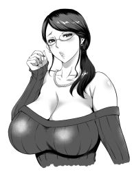 Rule 34 | 1girl, blush, breasts, cleavage, collarbone, comiket 90, earrings, greyscale, jewelry, large breasts, mature female, monochrome, musashino sekai, ponytail, ribbed sweater, simple background, sweater, upper body, white background