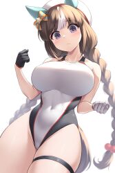 Rule 34 | 1girl, animal ears, asymmetrical gloves, beret, black gloves, braid, breasts, brown hair, competition swimsuit, covered navel, cowboy shot, gloves, grey eyes, hat, highres, hokko tarumae (umamusume), horse ears, horse girl, horse tail, large breasts, long hair, looking at viewer, low twintails, mismatched gloves, one-piece swimsuit, pataneet, solo, swimsuit, tail, twin braids, twintails, umamusume, white gloves, white hat, white one-piece swimsuit