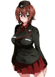 Rule 34 | 10s, 1girl, black jacket, blush, breasts, brown eyes, brown hair, closed mouth, cowboy shot, emblem, garrison cap, girls und panzer, hair between eyes, hat, headset, highres, jacket, kuromorimine military uniform, large breasts, long sleeves, looking at viewer, military, military uniform, nakahira guy, nishizumi maho, pleated skirt, red shirt, red skirt, shirt, short hair, simple background, skirt, solo, standing, uniform, white background