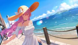 Rule 34 | 1girl, 1other, :3, arknights, beach, black choker, blue sky, bow, building, choker, chromatic aberration, closed mouth, cloud, commentary, day, doctor (arknights), dress, dutch angle, english commentary, frilled dress, frills, hair between eyes, hand on own head, hat, hat bow, highres, horizon, lens flare, long hair, looking at viewer, lumos (noblese96), ocean, off shoulder, outdoors, pink eyes, pink hair, pozyomka (arknights), seaside, short sleeves, signature, simple bird, sky, smile, solo focus, spaghetti strap, spoken object, standing, straw hat, sun hat, sunlight, water, white bow, white dress, wind, window, yellow hat