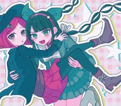 Rule 34 | 2girls, :d, alternate color, alternate hair color, blunt bangs, blush, bow, bowtie, chabashira tenko, checkered background, commentary request, danganronpa (series), danganronpa v3: killing harmony, drill hair, green eyes, green hair, green headwear, green jacket, green pantyhose, green shirt, green skirt, grey bow, grey bowtie, grey ribbon, grey sailor collar, hair ornament, hair ribbon, hat, jacket, long hair, miniskirt, mole, mole under eye, multiple girls, open mouth, pantyhose, pink skirt, pisapipi, pleated skirt, red hair, ribbon, sailor collar, sandals, shirt, short hair, skirt, smile, star (symbol), twin drills, twintails, witch hat, yumeno himiko