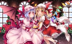 Rule 34 | 2girls, :d, ankle ribbon, ascot, bat wings, black legwear, blonde hair, blouse, blue hair, blush, bow, brooch, candle, center frills, checkered floor, dress, eyebrows, fang, female focus, flandre scarlet, flower, frilled sleeves, frills, hat, hat ribbon, holding, holding weapon, indoors, jewelry, lace, lace-trimmed legwear, lace-trimmed sleeves, lace trim, laevatein, leg ribbon, long hair, mob cap, multiple girls, open mouth, pantyhose, plant, puffy short sleeves, puffy sleeves, purple hair, red bow, red eyes, red flower, red footwear, red ribbon, red rose, red skirt, red vest, remilia scarlet, ribbon, rose, rose bush, shirt, shoes, short hair, short sleeves, siblings, sisters, skirt, sky, slit pupils, smile, socks, touhou, toutenkou, vest, weapon, white legwear, white shirt, window, wings, wrist cuffs