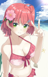 Rule 34 | 1girl, absurdres, ahoge, bad id, bad pixiv id, bare shoulders, beach, bikini, blue sky, breasts, cherry blossom print, cherry blossoms, cleavage, closed mouth, cloud, collarbone, day, floral print, flower, green eyes, groin, hair flower, hair ornament, highres, hololive, kttmr i, looking at viewer, medium breasts, official alternate costume, outdoors, pink bikini, pink hair, sakura miko, sakura miko (hololive summer 2019), sky, smile, solo, swimsuit, v, virtual youtuber
