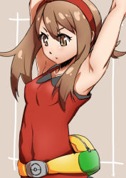 Rule 34 | 10s, 1girl, armpits, arms up, brown eyes, brown hair, covered navel, creatures (company), fanny pack, game freak, hair ribbon, impossible clothes, impossible shirt, may (pokemon), may (pokemon oras), nintendo, pokemon, pokemon oras, ribbon, sazanami tarou, shirt, simple background, skin tight, sleeveless, sleeveless shirt, solo, stretching, tank top, two side up, upper body