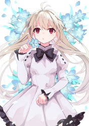 Rule 34 | 1girl, absurdres, aged down, antenna hair, arcueid brunestud, black bow, black bowtie, blonde hair, blue flower, bow, bowtie, commentary request, dress, fingernails, floral background, flower, frilled dress, frilled skirt, frilled sleeves, frills, hair between eyes, highres, holding, holding flower, juliet sleeves, kashuu (pixiv 66328082), long hair, long sleeves, parted lips, petals, puffy sleeves, red eyes, skirt, solo, tsukihime, tsukihime (remake), vampire, white background, white dress