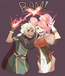 Rule 34 | 1boy, 1girl, boey (fire emblem), brown background, cape, cowboy shot, fire, fire emblem, fire emblem echoes: shadows of valentia, fire emblem gaiden, gloves, looking at viewer, mae (fire emblem), magic, nintendo, pink hair, red eyes, simple background, smile, third-party source, twintails, white hair