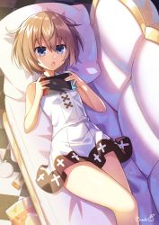 Rule 34 | 1girl, artist name, bare shoulders, binato lulu, blanc (neptunia), blue eyes, blush, brown hair, couch, dress, hair between eyes, hat, looking at viewer, neptune (series), nintendo switch, on couch, open mouth, short hair, simple background, solo, spaghetti strap, white dress
