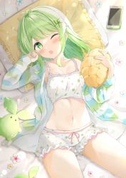 Rule 34 | 1girl, ;o, arm up, bare shoulders, breasts, cellphone, crop top, frilled shorts, frills, green eyes, green hair, highres, jacket, looking at viewer, lying, medium breasts, medium hair, midriff, navel, off shoulder, on back, one eye closed, open clothes, open jacket, open mouth, original, phone, saeki sora, shirt, short shorts, shorts, sleeveless, sleeveless shirt, smartphone, solo, stomach, striped clothes, striped jacket, thighs, virtual youtuber, white shirt, white shorts