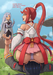 Rule 34 | 1boy, 2girls, a (xenoblade), absurdres, ass, bare shoulders, black hair, blue eyes, breasts, cape, detached sleeves, doktor malefic, femdom, from behind, glimmer (xenoblade), grey hair, highres, huge ass, large breasts, long hair, lying, matthew (xenoblade), miniskirt, multiple girls, on back, open mouth, orange eyes, panties, ponytail, red hair, short hair, sitting, sitting on face, sitting on person, skirt, smile, thumbs up, underwear, very long hair, xenoblade chronicles (series), xenoblade chronicles 3, xenoblade chronicles 3: future redeemed