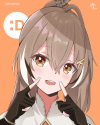 Rule 34 | 1girl, :d, ahoge, arata ryou, brown eyes, brown hair, emoticon, feather hair ornament, feathers, fingers to cheeks, hair ornament, hairclip, highres, hololive, hololive english, long hair, looking at viewer, multicolored hair, nanashi mumei, open mouth, orange background, ponytail, portrait, shirt, smile, streaked hair, teeth, upper teeth only, very long hair, virtual youtuber, white shirt