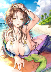 Rule 34 | 1girl, armpits, bare shoulders, beach, bikini, blush, bodysuit, breasts, brown hair, cleavage, collarbone, diving suit, earrings, hair pulled back, jewelry, kaguyuzu, large breasts, long hair, looking at viewer, necklace, off shoulder, original, parted lips, solo, swimsuit, wavy hair, wetsuit, white bikini, yellow eyes