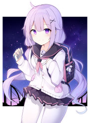 Rule 34 | 1girl, absurdres, alternate costume, azur lane, backpack, bag, black sailor collar, black skirt, blush, cardigan, cellphone, closed mouth, hair ornament, highres, holding, holding phone, long hair, long sleeves, looking at viewer, low twintails, paaru, pantyhose, phone, purple eyes, purple hair, sailor collar, school uniform, serafuku, skirt, smile, solo, twintails, unicorn (long-awaited date) (azur lane), unicorn (azur lane), white cardigan, white pantyhose, x hair ornament