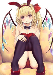 Rule 34 | 1girl, animal ears, bare shoulders, black thighhighs, blonde hair, breasts, closed mouth, culter, detached collar, fake animal ears, fang, fang out, flandre scarlet, hairband, hand on own knee, head tilt, high heels, highres, knees up, leotard, looking at viewer, medium hair, pink eyes, playboy bunny, rabbit ears, red footwear, red hairband, shoes, sitting, small breasts, smile, solo, thighhighs, touhou, white background, wings, wrist cuffs