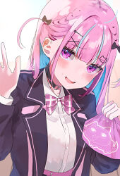 Rule 34 | 1girl, black choker, black jacket, blazer, blue hair, blunt bangs, blush, bow, bowtie, cat hair ornament, choker, collared shirt, colored inner hair, furrowed brow, hair ornament, hairclip, hand up, highres, holding, hololive, jacket, kashio (92984798), long hair, long sleeves, looking at viewer, minato aqua, minato aqua (school uniform), multicolored hair, o-ring, o-ring choker, official alternate costume, open clothes, open jacket, open mouth, pink bow, pink bowtie, pink hair, plaid, plaid bow, plaid bowtie, purple eyes, school uniform, shirt, sidelocks, solo, streaked hair, sweat, two side up, upper body, virtual youtuber, white shirt, wrapped bento, x hair ornament