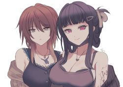 2girls aketa_mikoto arm_tattoo black_bra black_hair black_mask bra breast_tattoo breasts brown_hair cleavage collarbone crossover d_(killer_wife)_(nikke) d_(nikke) highres idolmaster idolmaster_shiny_colors jewelry kevn large_breasts looking_at_viewer mask mask_pull mouth_mask multiple_girls necklace signature simple_background smile tattoo underwear upper_body white_background