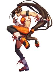 Rule 34 | armlet, bandages, bare shoulders, boots, brawler (dungeon and fighter), brown hair, dungeon and fighter, fighter (dungeon and fighter), fighting stance, fingerless gloves, gloves, hair ornament, leg lift, long hair, midriff, muscular, ponytail, profile, scar, simple background, solo, very long hair