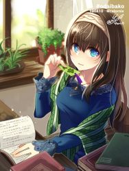 Rule 34 | 1girl, black hair, blouse, blue eyes, blue shirt, blush, book, book stack, bookmark, colornix, commentary request, curtains, hairband, highres, holding, idolmaster, idolmaster cinderella girls, idolmaster cinderella girls starlight stage, jewelry, long hair, long sleeves, looking at viewer, necklace, open book, plaid shawl, plant, potted plant, sagisawa fumika, shawl, shirt, signature, sitting, solo, twitter username, window