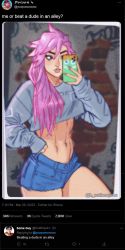 Rule 34 | 1boy, 1girl, alley, blanka-chan, blue eyes, cameo, casual, cellphone, commentary, cropped sweater, cutoffs, denim, denim shorts, english commentary, english text, eyeshadow, fake screenshot, final fight, guy (final fight), hair down, hair over shoulder, hand on own hip, holding, holding phone, long hair, makeup, midriff, mismatched eyebrows, navel piercing, nose piercing, nose ring, phone, piercing, pink eyeshadow, pink hair, poison (final fight), selfie, shorts, sleeves past wrists, smartphone, solo focus, street fighter, thick eyebrows, thick thighs, thighs, twitter, wallace pires
