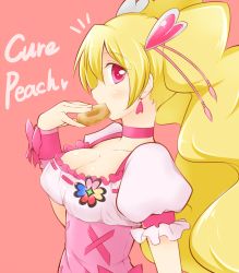 Rule 34 | 00s, 1girl, arakawa tarou, blonde hair, blush, bow, character name, choker, cure peach, dress, earrings, eating, english text, erarings, fresh precure!, hair ornament, highres, jewelry, long hair, looking at viewer, magical girl, momozono love, pink bow, pink dress, pink eyes, precure, puffy sleeves, red background, simple background, solo, twintails