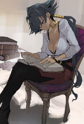 Rule 34 | 1girl, black eyes, black pantyhose, book, breasts, chair, cleavage, closed mouth, commentary request, dark-skinned female, dark skin, ear piercing, grey background, highres, hyocorou, jewelry, large breasts, lips, long hair, mole, neck ring, original, pantyhose, pencil skirt, piercing, reading, red skirt, shirt, simple background, sitting, skirt, solo, table