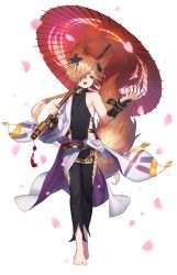 Rule 34 | 1boy, animal ears, backless outfit, barefoot, blonde hair, brown eyes, collar, erune, fox boy, fox ears, fox tail, g1 (jjw00123), gloves, granblue fantasy, hair ornament, hair over one eye, highres, holding, holding umbrella, kou (granblue fantasy), large tail, long hair, low ponytail, male focus, off shoulder, open mouth, solo, tail, umbrella