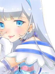 Rule 34 | 1girl, blue choker, blue eyes, blue hair, blue hairband, blush, bow, brooch, choker, closed mouth, cure nyammy, earrings, elbow gloves, fingerless gloves, gloves, hairband, hand on own cheek, hand on own face, jewelry, light blue hair, long hair, looking at viewer, magical girl, multicolored bow, nekoyashiki yuki, pink lips, precure, silverlight0101, simple background, smile, solo, striped, striped bow, twitter username, white background, white gloves, wonderful precure!