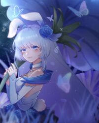 Rule 34 | 1girl, animal ears, arena of valor, bare shoulders, blue eyes, blue flower, blue hair, blue ribbon, blue rose, blue skirt, blush, bug, butterfly, character request, choker, closed mouth, commentary, commentary typo, crescent, crescent necklace, detached sleeves, english commentary, floppy ears, flower, flower choker, flower skirt, grass, hair flower, hair ornament, highres, holding, holding flower, insect, jewelry, light blue hair, long hair, long sleeves, looking at viewer, necklace, night, oversized object, photoshop (medium), pink lips, rabbit ears, rabbit tail, ribbon, rose, shirt, sidelocks, skirt, sleeveless, sleeveless shirt, smile, tail, upper body, very long hair, wangzhe rongyao, white choker, white shirt, yukomeow