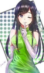 Rule 34 | 1girl, absurdres, bare shoulders, black hair, bow, breasts, dress, elbow gloves, finger to mouth, gloves, green dress, hair bow, hair ornament, highres, iwashii, kuonji shizuka, large breasts, long hair, looking at viewer, one eye closed, purple eyes, shushing, signature, solo, tokyo 7th sisters, white gloves