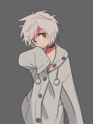 Rule 34 | 1girl, choker, coat, female focus, grey background, highres, looking at viewer, ootorii bisetsu, original, oversized clothes, red eyes, short hair, simple background, sleeves past wrists, solo, wavy mouth, white coat, white hair