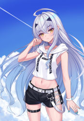Rule 34 | 1girl, blue sky, breasts, brown eyes, contemporary, melusine (fate), fate/grand order, fate (series), forked eyebrows, highres, hoodier, long hair, looking at viewer, sidelocks, sky, small breasts, solo, streetwear, thighs, white hair