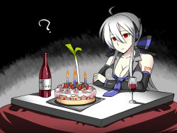 Rule 34 | 1girl, ?, ahoge, alcohol, birthday, birthday cake, breasts, caffein, cake, candle, cleavage, cup, detached sleeves, drinking glass, food, grey hair, hair ribbon, headset, kotatsu, large breasts, ribbon, solo, spring onion, table, vocaloid, wine, wine glass, yowane haku