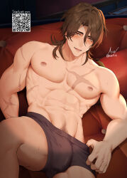 Rule 34 | 1boy, abs, absurdres, asa ifrit (asaifrit), black male underwear, blush, brown hair, bulge, gallagher (honkai: star rail), highres, honkai: star rail, honkai (series), long hair, lying, male focus, male underwear, muscular, muscular male, navel, open mouth, orange eyes, pubic hair, scar, smile, solo, stomach, underwear