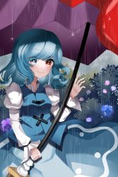 Rule 34 | 1girl, absurdres, blue dress, blue eyes, blue hair, blue skirt, blue vest, breasts, bush, closed mouth, cross-laced clothes, dress, eyes visible through hair, flower, frills, heterochromia, highres, holding, long sleeves, looking at viewer, puffy sleeves, purple umbrella, rain, red eyes, rie inthanin, short hair, skirt, small breasts, smile, solo, tatara kogasa, tongue, touhou, umbrella, vest