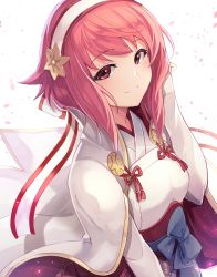 Rule 34 | 1girl, closed mouth, fire emblem, fire emblem fates, hair ornament, hairband, highres, japanese clothes, nakabayashi zun, nintendo, pink eyes, pink hair, sakura (fire emblem), short hair, simple background, smile, solo, upper body, white background
