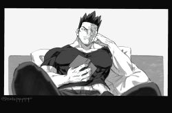 Rule 34 | 2boys, bara, black shirt, boku no hero academia, book, casual, clothes lift, couple, endeavor (boku no hero academia), facial hair, feathered wings, greyscale, hand under clothes, hawks (boku no hero academia), holding, holding book, large pectorals, lifting another&#039;s clothes, male focus, mature male, monochrome, multiple boys, muscular, muscular male, pectorals, popo take, scar, scar across eye, scar on face, shirt, shirt lift, short hair, sideburns, solo focus, spiked hair, spread legs, stubble, tight clothes, tight shirt, wings, yaoi
