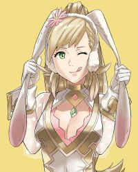 Rule 34 | 1girl, animal ears, blonde hair, rabbit ears, rabbit tail, detached collar, fake animal ears, fire emblem, fire emblem heroes, green eyes, j@ck, leotard, long hair, looking at viewer, nintendo, open mouth, playboy bunny, sharena (fire emblem), simple background, smile, solo, strapless, strapless leotard, tail, white background