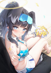Rule 34 | 1boy, 1girl, :o, absurdres, animal ears, black hair, blue archive, blue eyes, blue skirt, breasts, cleavage, dog ears, dog girl, dog tail, eyewear on head, fingernails, halo, hibiki (blue archive), hibiki (cheer squad) (blue archive), highres, holding, holding pom poms, jehyun, looking at viewer, medium breasts, midriff, official alternate costume, pom pom (cheerleading), pom poms, sensei (blue archive), sitting, sitting on lap, sitting on person, skirt, star sticker, sticker on face, sunglasses, tail, thighs, two-tone skirt, white skirt, yellow halo